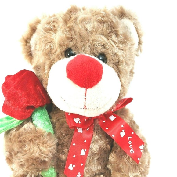 Kellytoy Valentine Brown Teddy Bear Rose Love Bow 12" Plush Stuffed Animal Toy - Picture 3 of 8